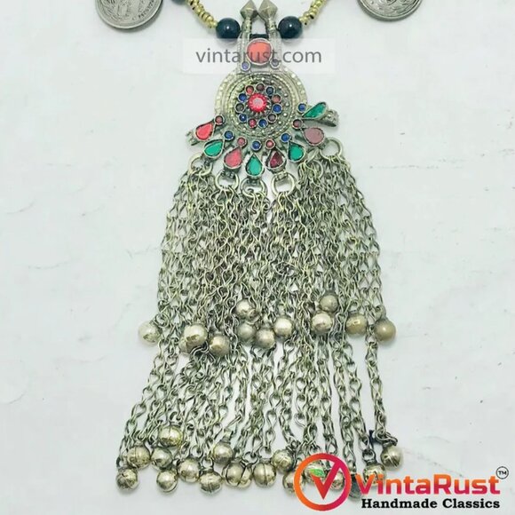 Vintage Kuchi Afghan Pendant Necklace: Beaded Coins, Tribal Jewelry - Picture 2 of 10
